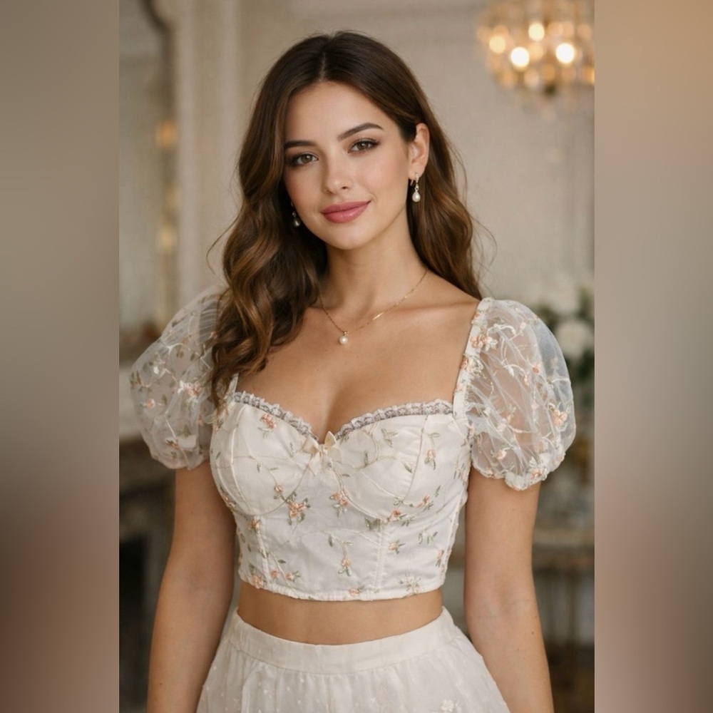 NEW Top Boho Babydoll Cream Embroidered Floral Blouse Lace Sleeve Size S